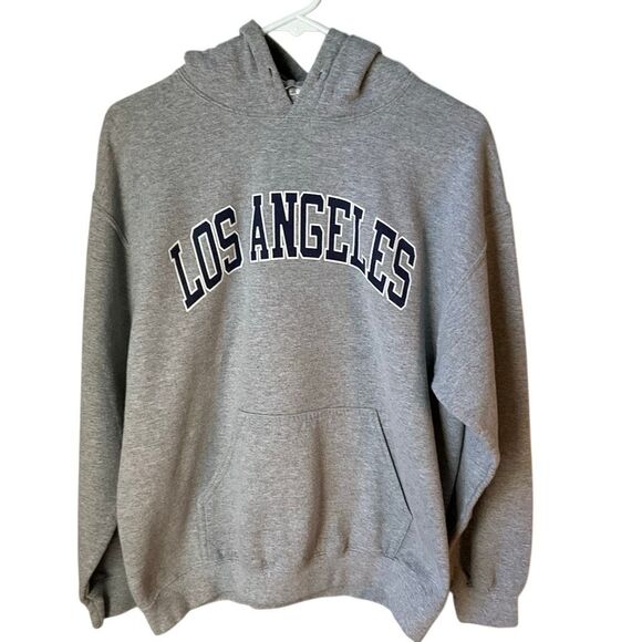 Vintage Los Angeles Pullover Hoodie by Gildan. Grey with navy. Medium - Picture 2 of 12